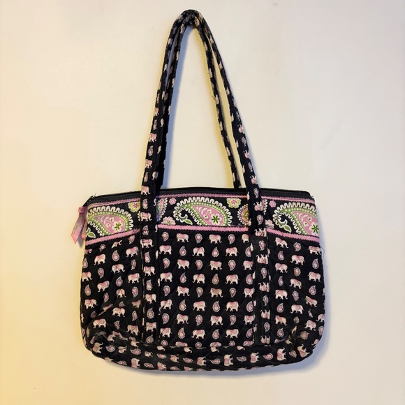 Vera Bradley Zip Closure Tote Shoulder Bag Black Paisley Pink Elephants Medium - Picture 2 of 4
